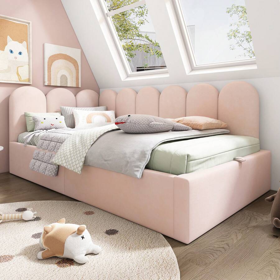 Upholstered Daybed 90x190 Cm, Daybed Sofa Bed With Hydraulic Storage, Children's Bed With Metal Slatted Base, Velvet, Pink, Without Mattress - Pink - View 1