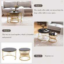 Modern Coffee Table Set, Highlighted Coffee Table Set, Marble Veneer Sofa Side Table, Round Side Table, Double Set, Gold Frame - Black - View 9