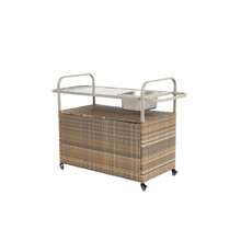Outdoor Bar Table, Wicker Bar Cart With Cabinet, Patio Serving Cart With Steel Top, With Cooler, Lockable Wheels, Side Basket For Garden, Pool And Backyard, Beige - Beige - View 5