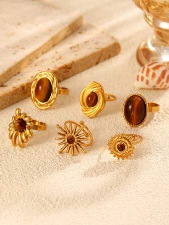 3pcs Stainless Steel Bohemian Style Faux Gemstone Sun Multi-Element Ring Set, Suitable For Women's Daily/Party/Holiday Wear