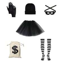 6pcs Women's Burglar Costume Set, Including Ballet Tutu Skirt, Burglar Hat, Gloves, Eye Mask, Canvas Money Bag, Striped Socks, Suitable For Adult Halloween Cosplay, World Book Day Masquerade Ball And Other Occasions