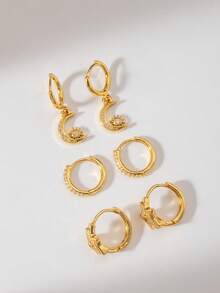 Conjunto de 6 brincos pendentes personalizados em cobre banhado a ouro 18K com zircônias cúbicas incrustadas, em formato de estrela, lua e sol. Perfeitos para uso diário e como presente para amigas em datas comemorativas e aniversários. - Ouro amarelo - Ver 4