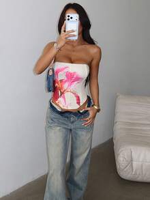 1 Peça Regata Assimétrica/Assimétrica com Estampa Floral em Tecido de Malha, Adequada para Festa de Aniversário, Festa de Volta às Aulas, Festa de Solteiros, Casamento na Praia, Verão - Amarelo - Visão 5