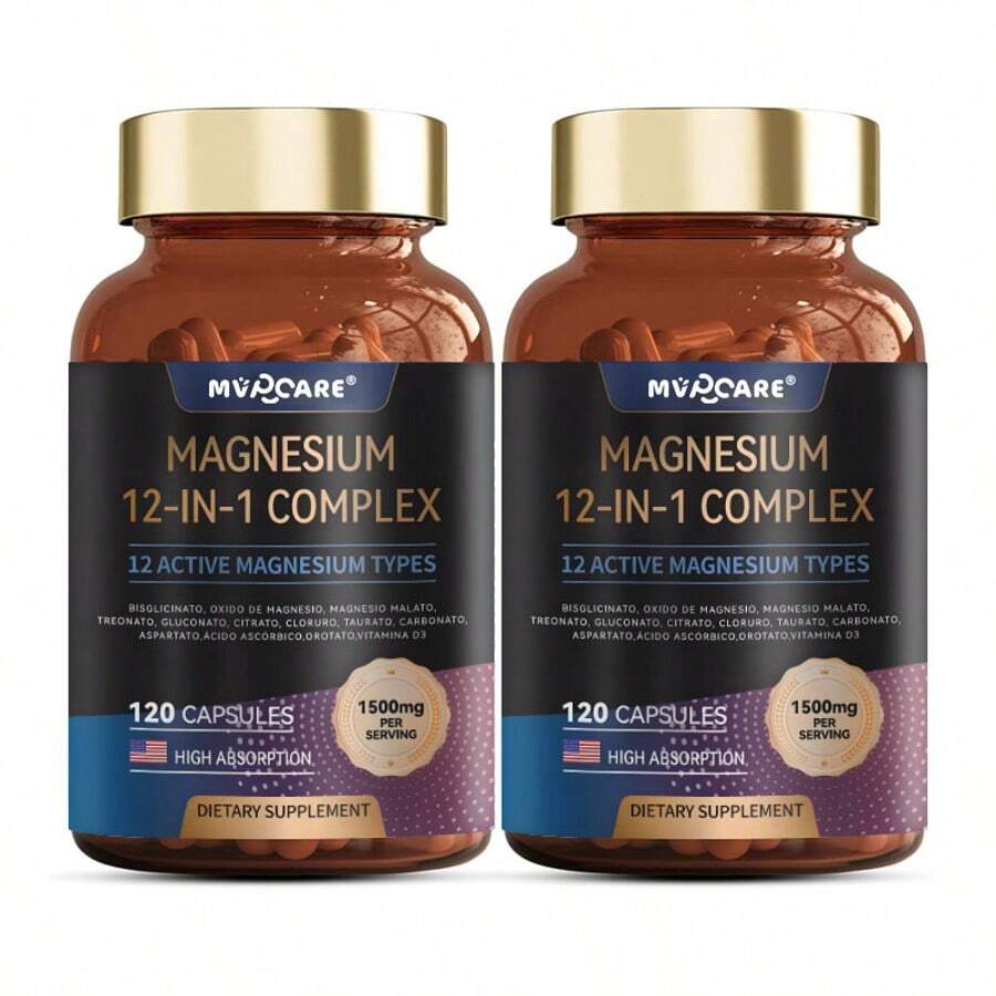 MVPCARE Complejo De Magnesio 1500mg 12 En 1 Suplemento De Magnesio Con Glicinato Citrato Malato Óxido Taurato Aspartato,relajación, Músculo, Apoyo Al Corazón, 120 Cápsulas - Dos botellas - Ver 1