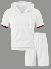 2 pièces/Set Sweat à capuche blanc décontracté rétro minimaliste pour hommes + Short à cordon de serrage et poche pour hommes, mode simpliste, convient au style de rue printemps/été et aux sports de plein air - Blanc - Voir 2