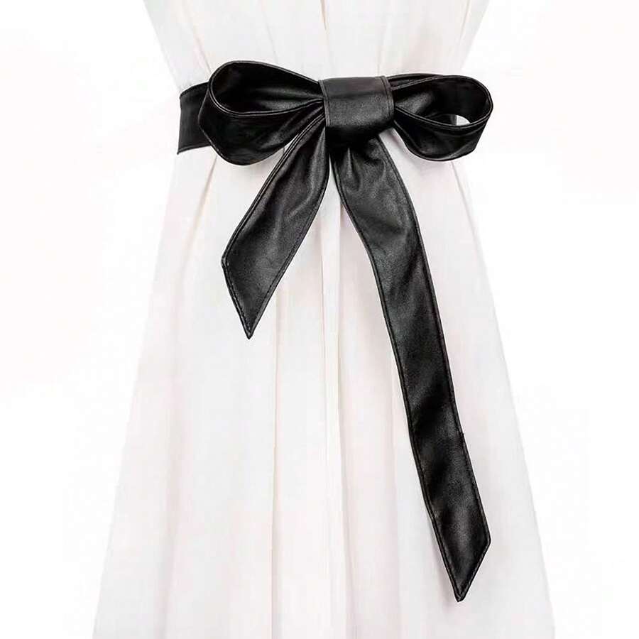 1pc Double-Layer Knotted Minimalist PU Leather Waist Belt, Casual Daily Wear - Black - View 1