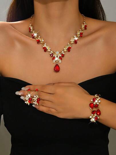 Luxury Wedding Party Women's Dress Rhinestone Jewelry Necklace And Earring Set, Fashion Shiny Jewelry Set Accessories For Ball Gown