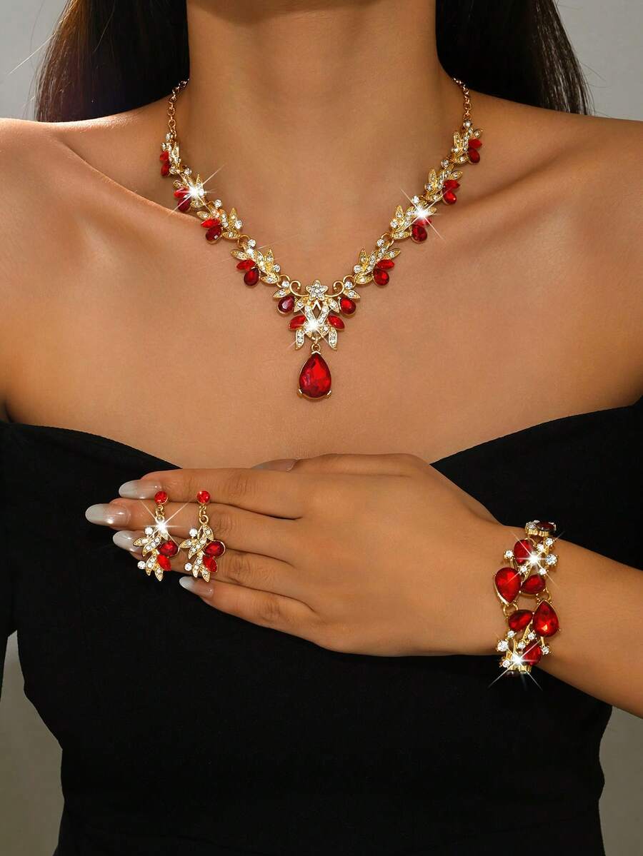 Luxury Wedding Party Women's Dress Rhinestone Jewelry Necklace And Earring Set, Fashion Shiny Jewelry Set Accessories For Ball Gown - Golden Red - View 1