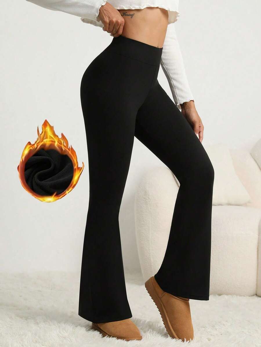 Women's Black High Stretch Fuzzy Warm Lined Flare Leg Long Pants - Black - View 1