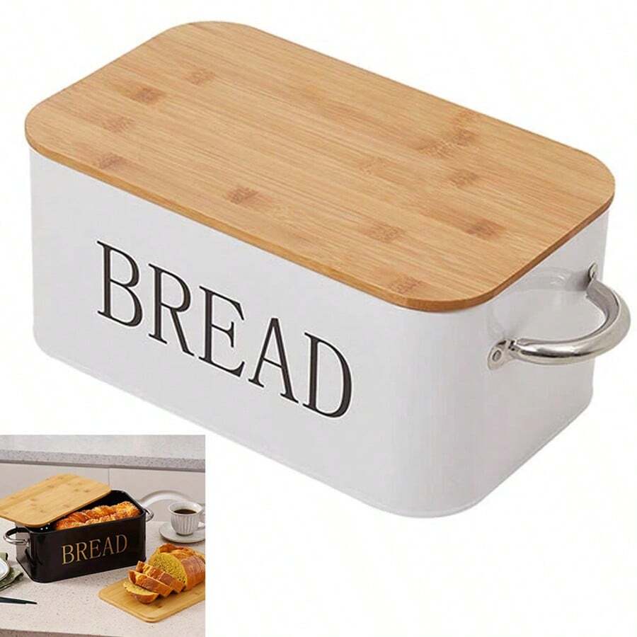 Large Metal Bread Bin With Bamboo Lid Kitchen Loaf Bread Storage Box Food Container - White - View 1