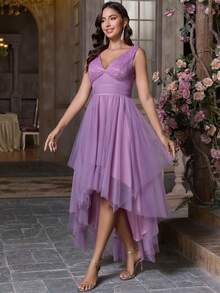 Đầm dạ hội nữ thanh lịch, cổ điển, tối giản, lãng mạn, chất liệu lưới, khóa kéo, phối lưới, xuyên thấu, thích hợp cho các sự kiện trang trọng như đám cưới, tiệc tùng, tiệc tối, lễ tốt nghiệp, chụp ảnh vào mùa hè, thu, xuân. - Màu tím hoa cà - Xem 3