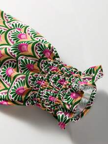 Acelitt Women's Autumn Floral Print Puff Sleeve Patchwork Knit Crew Neck Sweater, Dark Green - Hot Pink - View 7