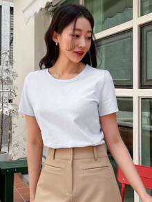 Basic Crew Neck T-Shirt, Preppy Style G7C5 - White - View 3