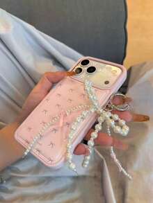 1pc Pink Faux Leather Faux Pearl Bow Phone Case Compatible With Apple 17, 17 Pro, 17 Pro Max, 16 Pro Max, 16 Pro, 16, 11, 12, 13, 14, 15, 12 Pro Max, 13 Pro Max, 14 Pro Max, 15 Pro Max - Pink - View 2