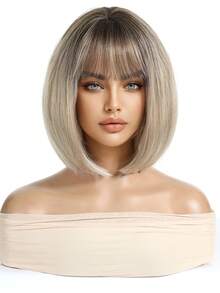 12 Inch Ombre Golden Short Straight Bob Wig, Women's Natural Heat Resistant Synthetic Wig With Bangs, Mother's Day Gift, Suitable For Daily Wear And Parties - Gold - View 3