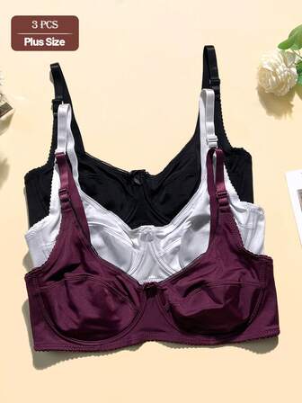 3件套纯色休闲舒适简约运动针织面料蝴蝶结前襟大码女式文胸