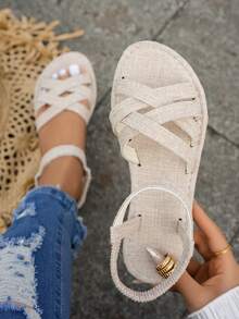 女士新款圆头套脚平底拖鞋，简约搭扣平底凉鞋，时尚简约平底凉鞋，舒适休闲旅行沙滩鞋，有白色、棕色、黑色、豹纹、花卉图案可选 - 米色 - 查看 3