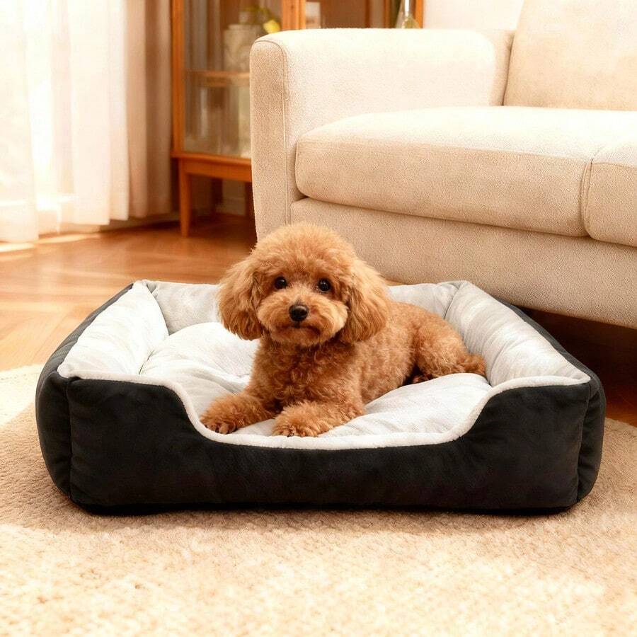 1PC Premium Thick Plush Pet Bed Sofa - Ultra Soft & Warmer Sleep Surface For Dogs & Cats, Enhanced Easy-Clean Design With Non-Slip Rectangular Base - 黑色 - 查看 1