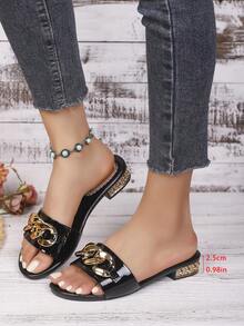 2026 Fashion Thickened Comfortable Gold And Black Crocodile Pattern Artificial Leather Ankle Metal Buckle With Toe Black Bright Diamond Decoration Heel Inlaid Women's High Heels Slippers - Black - View 2