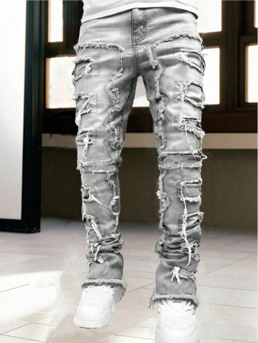 Men's Creative Fringe Decoration Slim Fit Jeans, Men's Casual Stretch Street Style Hip-Hop Skateboard Rap Jeans For All Seasons - 銀色 - 查看 1