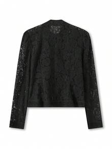 Lace Floral Button Down Shirts For Women Y2K Sheer Mesh Stand Collar Long Sleeve Hollow Out See Through T Shirt Spring Fall Slim Fit Elegent Lace Blouses Going Out Tops Tees Vintage Aesthetics Clothes - 黑色 - 查看 7