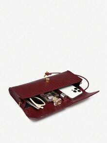 SIA Women Vintage Minimalist Faux Woven Texture Angola Red Retro Flap Lock Large Capacity Clutch Bag, Handbag, Shoulder Bag Suitable For Evening Parties, Daily Wear, Fashionable Clutch Bags For Woman, Party Bags,Perfect For Party Wedding Prom Dinner/Banquet Matching With Holiday Party Dress Evening Dress & Sequin Dress - 酒紅色 - 查看 4