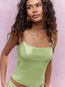 Women's Summer Sequined Thin Strap Sleeveless Camisole Top, Sparkly Sheer V-Neck Cropped Top, Suitable For Nightclub Parties And Casual Wear. - 綠色 - 查看 3