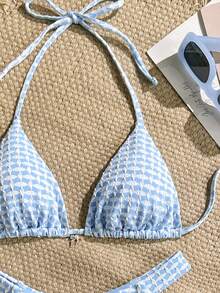 Women's Plaid Lace-Up Backless Vacation Beach Bikini Set Summer - Baby Blue - View 5
