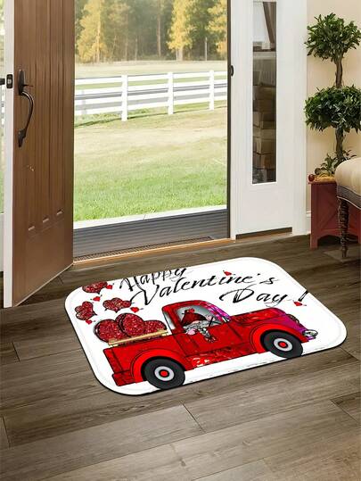 1件装温馨迎宾门垫，红色汽车和小矮人图案，心形装饰，法兰绒材质，防滑，可机洗，印花地毯，适用于玄关、浴室、客厅、洗衣房，春季装饰，家居装饰，情人节地毯，防滑地垫