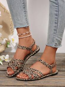 女士新款圆头套脚平底拖鞋，简约搭扣平底凉鞋，时尚简约平底凉鞋，舒适休闲旅行沙滩鞋，有白色、棕色、黑色、豹纹、花卉图案可选 - 彩色 - 查看 3