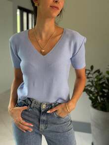 Modal Knit Blouse With V-Neck - Summer 2026 - 藍色 - 查看 1