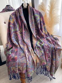 1 chiếc khăn choàng cổ giả cashmere dệt jacquard họa tiết Paisley thanh lịch dành cho nữ, khăn choàng tua rua đa năng phong cách Bohemian, phụ kiện ấm áp có thể đảo ngược để mặc hàng ngày, du lịch, đi nghỉ - Màu tím - Xem 5