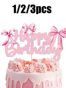 1/2/3 piezas Decoración para tarta de cumpleaños con lazo rosa - Adecuado para suministros de fiesta de cumpleaños con tema de princesa para mujeres - Multicolor - Ver 7