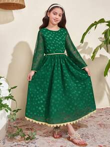 Vihyde 1件中东风格提花饰边薄纱喇叭袖连衣裙，适合青少年女孩，橄榄绿 - 綠色 - 查看 2