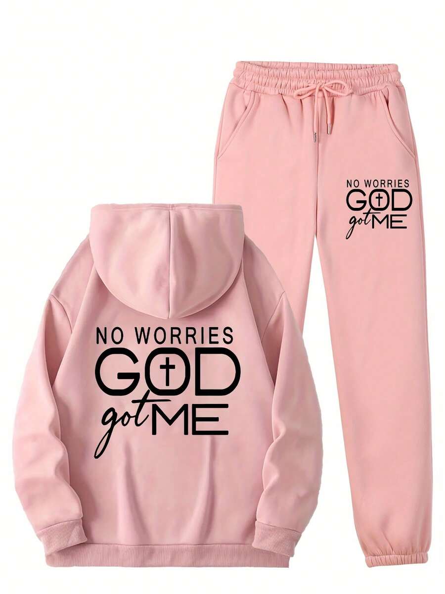 Women'S Fleece-Lined Hoodie & Printed Sweatpants Set , Machine Washable, Pocket Detail, Comfortable Warm  Women'S Fleece-Lined Hoodie & Printed Sweatpants Set - Oversized V-Napkin Hoodie With "NO WORRIES GOD GOT ME" Print, Fleece-Lined Pants, Machine Washable Winter Warmth, Pocket Detail, Cozy Casual Outfit For Fall/Winter, Faith-Inspired Casual Wear  Conjunto Deportivo Sport Outfit Women  Athletic Sets Women  Women's Winter Clothing Of Women's Winter Clothing Women's Winter Fashion Women's Winter Promotion Of Women's Winter Clothing Christmas  Ugly Christmas Sweater Women Curve - 粉色 - 查看 1