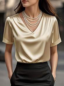 Damen Sommer Kurzarm V-Ausschnitt Bluse T-Shirt - leicht, elegante einfarbige Oberteile geeignet für Büro und Lässig Anlässe, maschinenwaschbar Regular Fit, nicht durchsichtig, klassisches Design, langanhaltend, modisch und vielseitig, hochwertige Bluse - Champagnerfarben - Übersicht 1