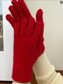1 Pair Festive Cross-Border Gloves For Women, Winter Warm Thermal Lined, Solid Color Simple Fashion Cycling Five Fingers, Christmas Holiday - Red - View 1