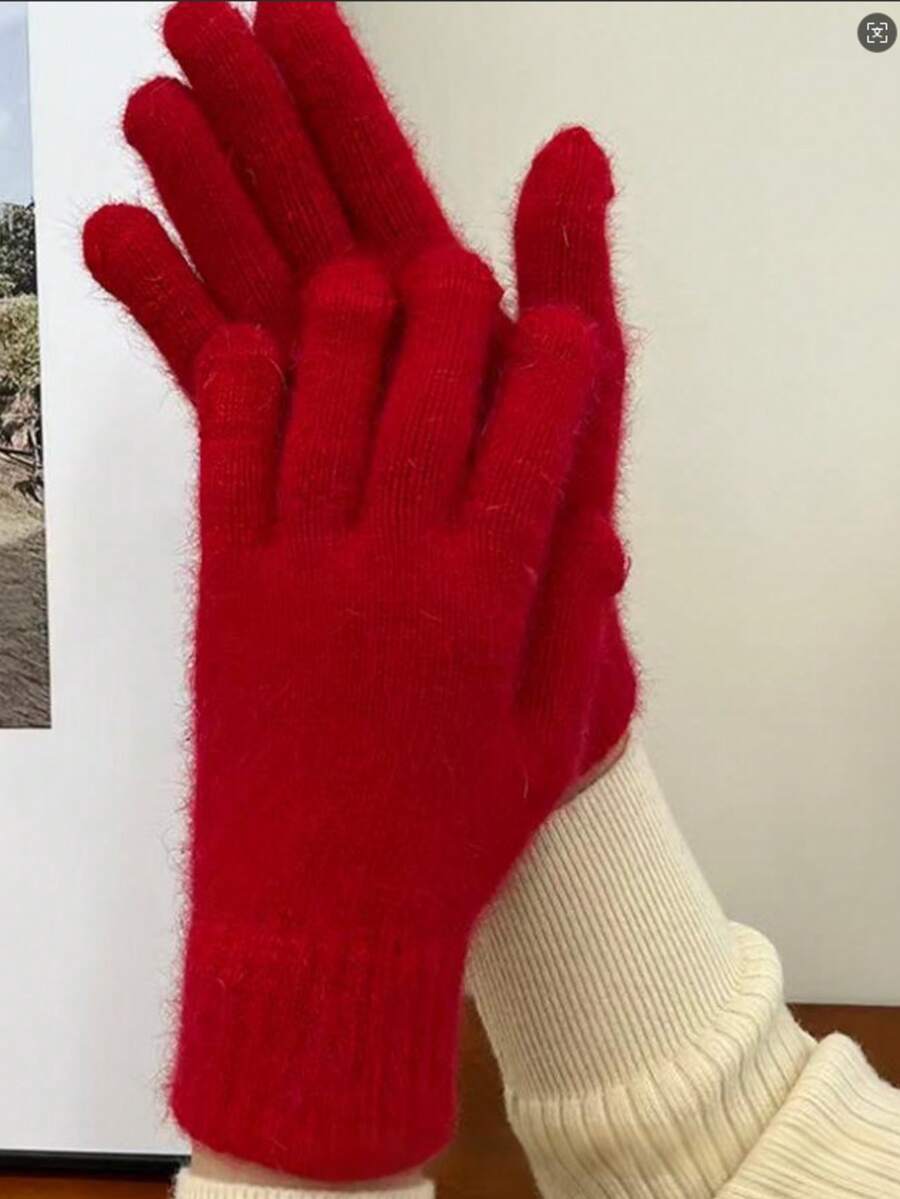 1 Pair Festive Cross-Border Gloves For Women, Winter Warm Thermal Lined, Solid Color Simple Fashion Cycling Five Fingers, Christmas Holiday - Red - View 1