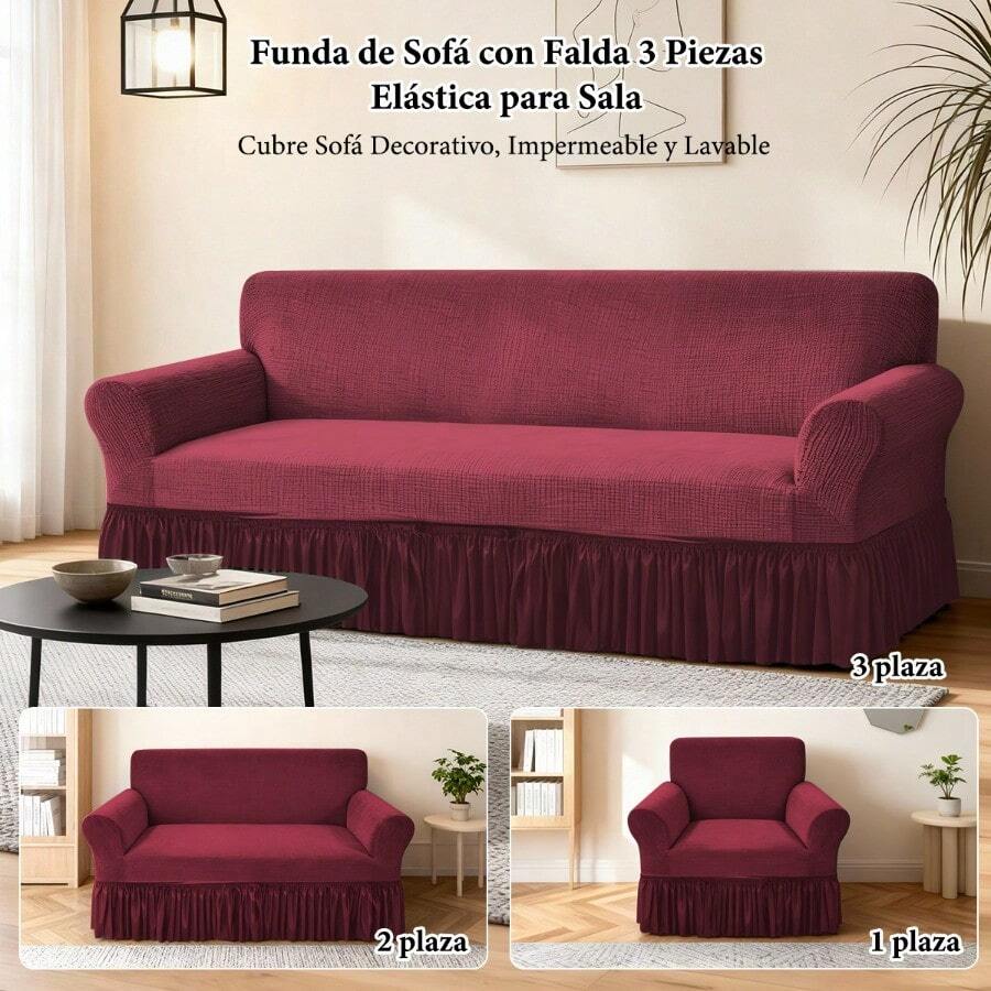 3 Piezas Funda Elástica con Falda para Sofá de 1/2/3 Plazas,Cubre Sillones para Sala,Tela Resistente y Duradera,Decoración para Sala,Protector de Sofá Contra Manchas y Desgaste Impermeable para Hogar/Oficina/Departamento - Multicolor - Ver 1