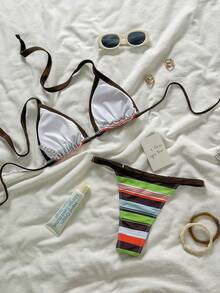 Bộ bikini 2 mảnh màu trơn, kiểu dáng giản dị, thanh lịch, gợi cảm, buộc dây, đính hạt ngọc trai, thích hợp mặc đi biển, nghỉ dưỡng, du lịch mùa xuân/hè. - Nhiều màu - Xem 4