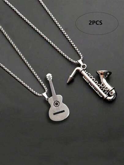2pcs/Set Men Guitar And Saxophone Necklace Pendant Set