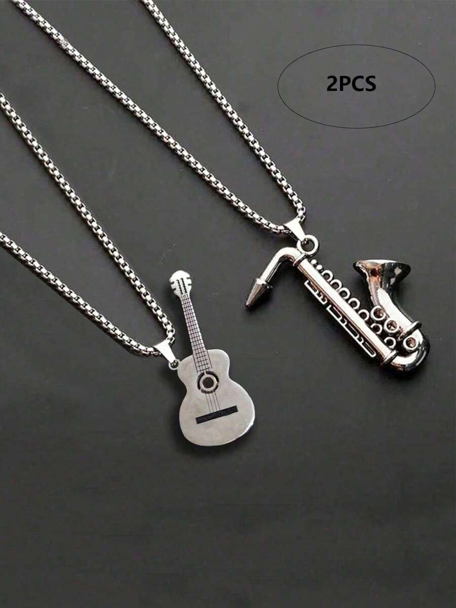 2pcs/Set Men Guitar And Saxophone Necklace Pendant Set