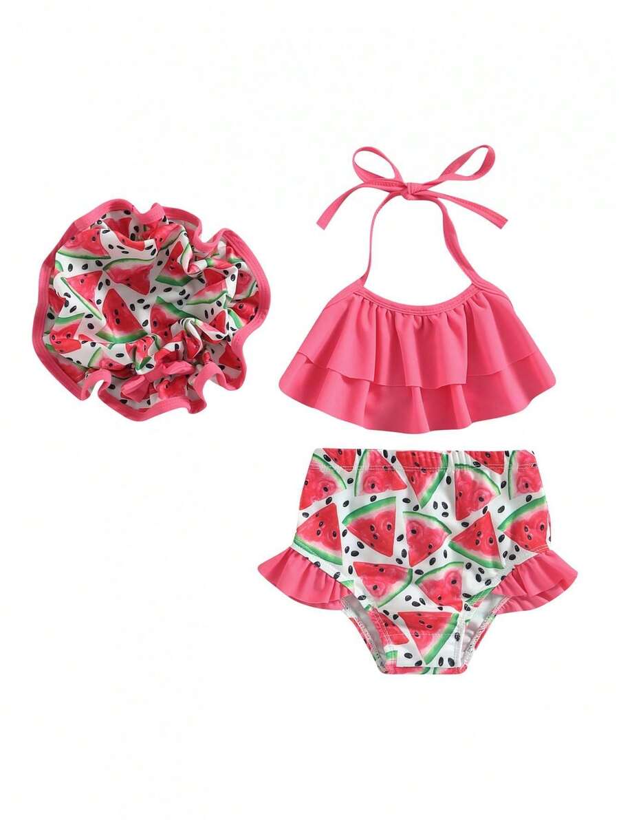 Kid Girl Bikini Swimsuit, Sleeveless Hanging Neck Vest Beach Pool Shorts Swimwear With Hat - Red - View 1