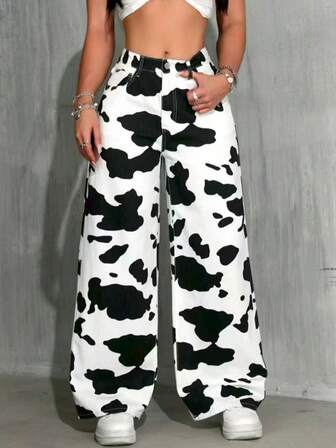 Cow Print Design Women Loose Straight Leg Jeans