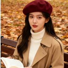 Women Vintage Wool Beret Hat  Classic French Style Soft Cap  All-Season Wearable Lightweight Knit Beret  Solid Color Artist Beret For Daily Outfits, Travel & Parties  Versatile Casual & Chic Accessory - 酒紅色 - 查看 8