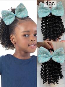 1pc Ponytail With Shiny Bow Clip Hair 8inch Kids Deep Wave Hair Go Afro Kinky Marley With Elastic For Girls - Natural Black - View 10