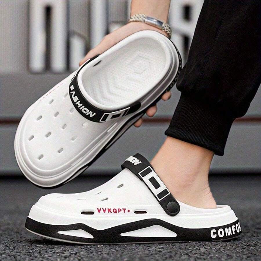 A Pair Of Unisex Summer Tire Pattern Hole Shoes-2025 New, Outdoor Non-Slip Sports Closed-Toe Slippers. Feet-Free Design, Suitable For Indoor Lei, Summer Breathable Men's New Lightweight Soft Sole Hole-Toed Shoes Men's Slippers Dual-Purpose Beach Shoes - 白色 - 查看 1
