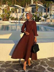 Ramadan Elegant Women's 2-Piece Set, Shirt Collar Button Front Pocket Blouse And A-Line Skirt, Loose Casual Outfit