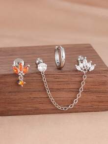 Juego de 3 pendientes de aro con borla, corona y circonita en acero inoxidable de lujo ligero, chapado en oro de 18K, joyas únicas para perforación del cartílago para mujeres - 3 piezas para una oreja - Ver 1