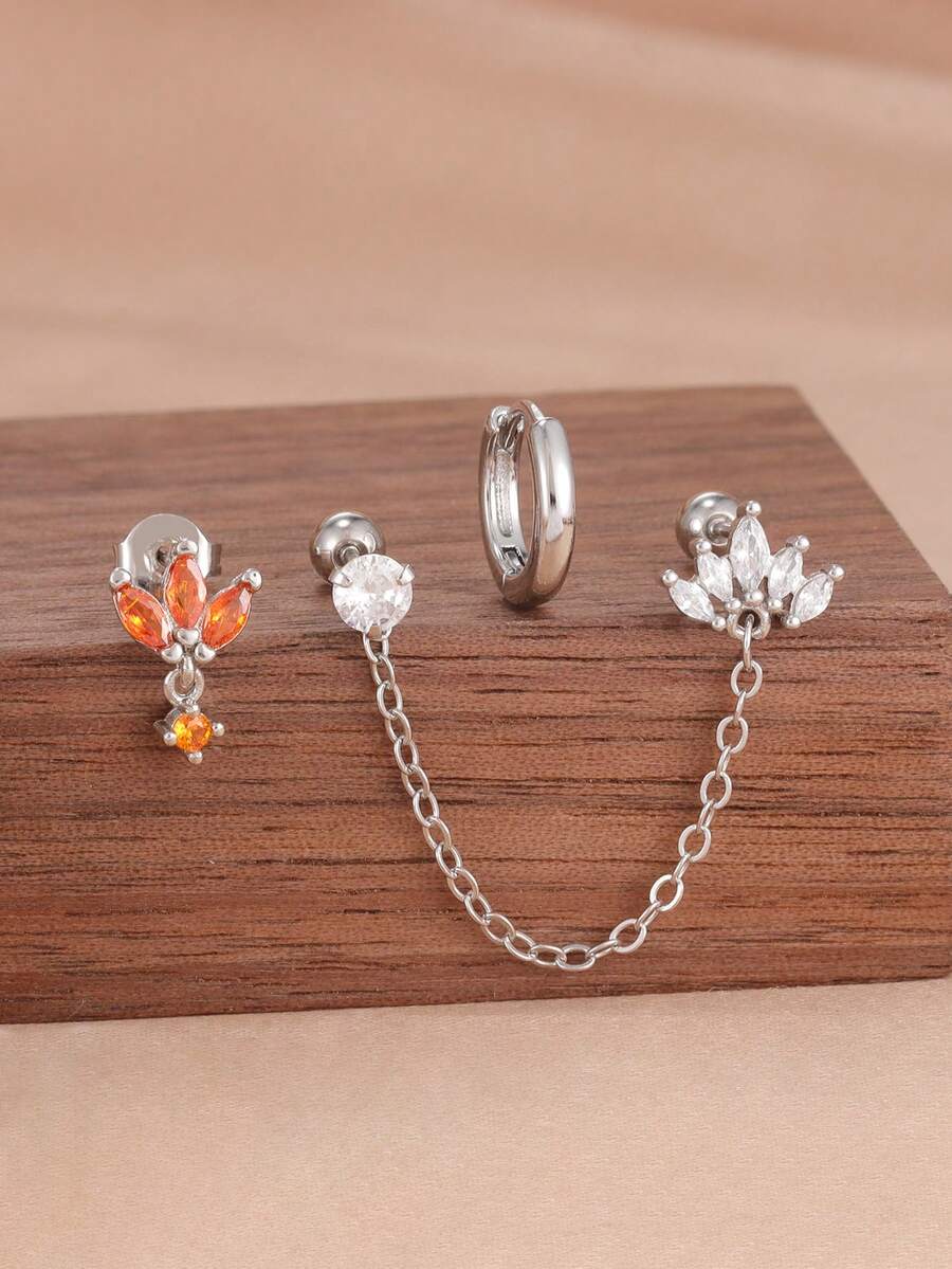 Juego de 3 pendientes de aro con borla, corona y circonita en acero inoxidable de lujo ligero, chapado en oro de 18K, joyas únicas para perforación del cartílago para mujeres - 3 piezas para una oreja - Ver 1